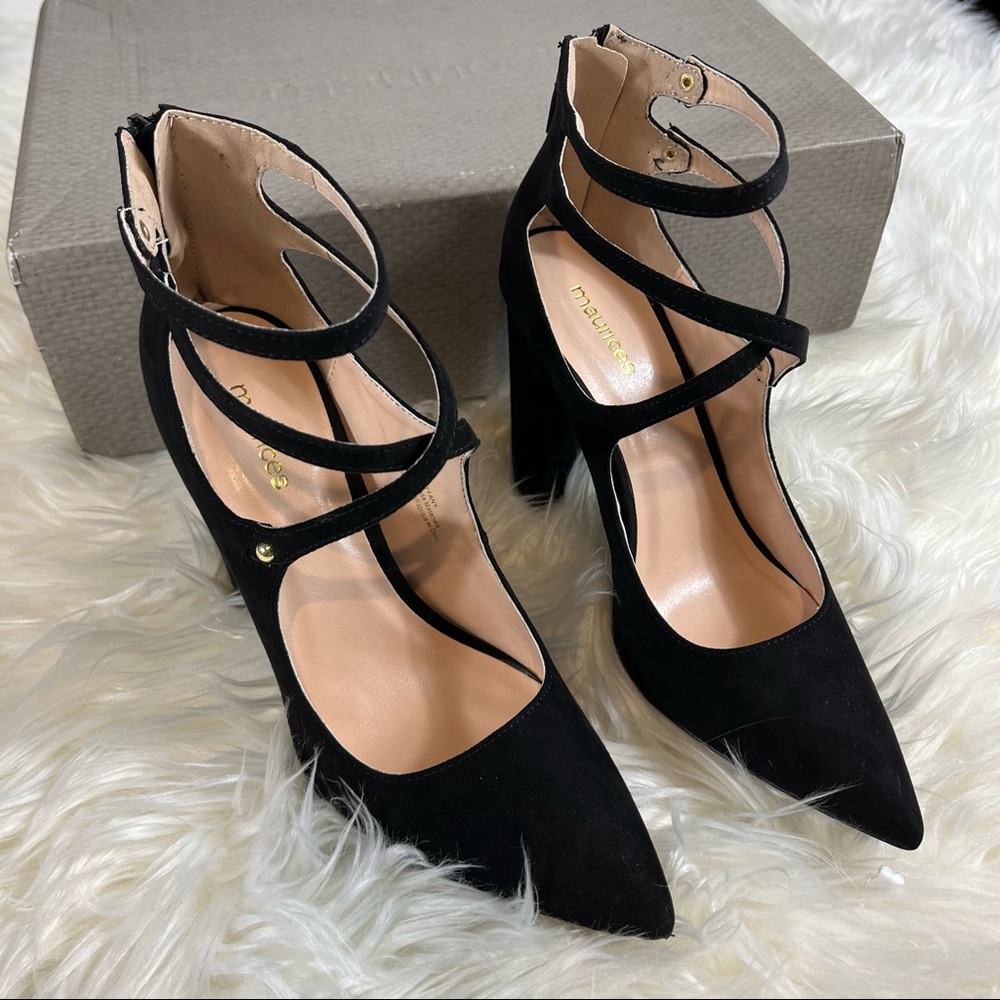 Maurice Womens Black Faux Suede Pointed Strapped Ankle Caged Block Heel Size 9